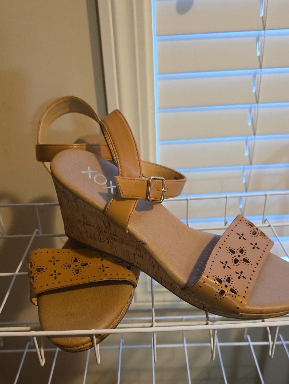 XOXO Tan Laser-Cut Wedge Sandals